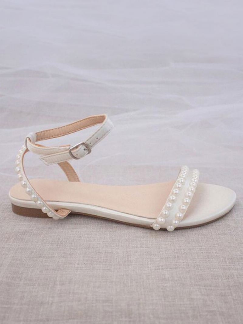 Platte Bruidsschoenen Dames Witte Trouwschoenen Met Open Teen Parels - Wit