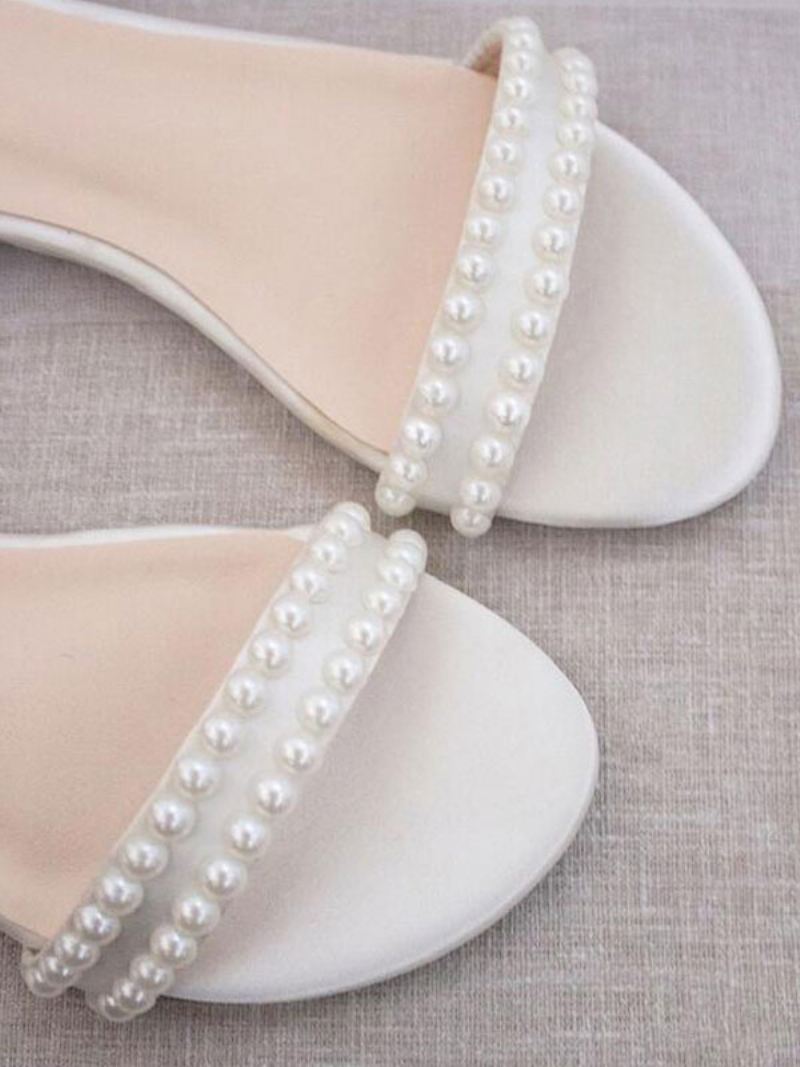 Platte Bruidsschoenen Dames Witte Trouwschoenen Met Open Teen Parels - Wit