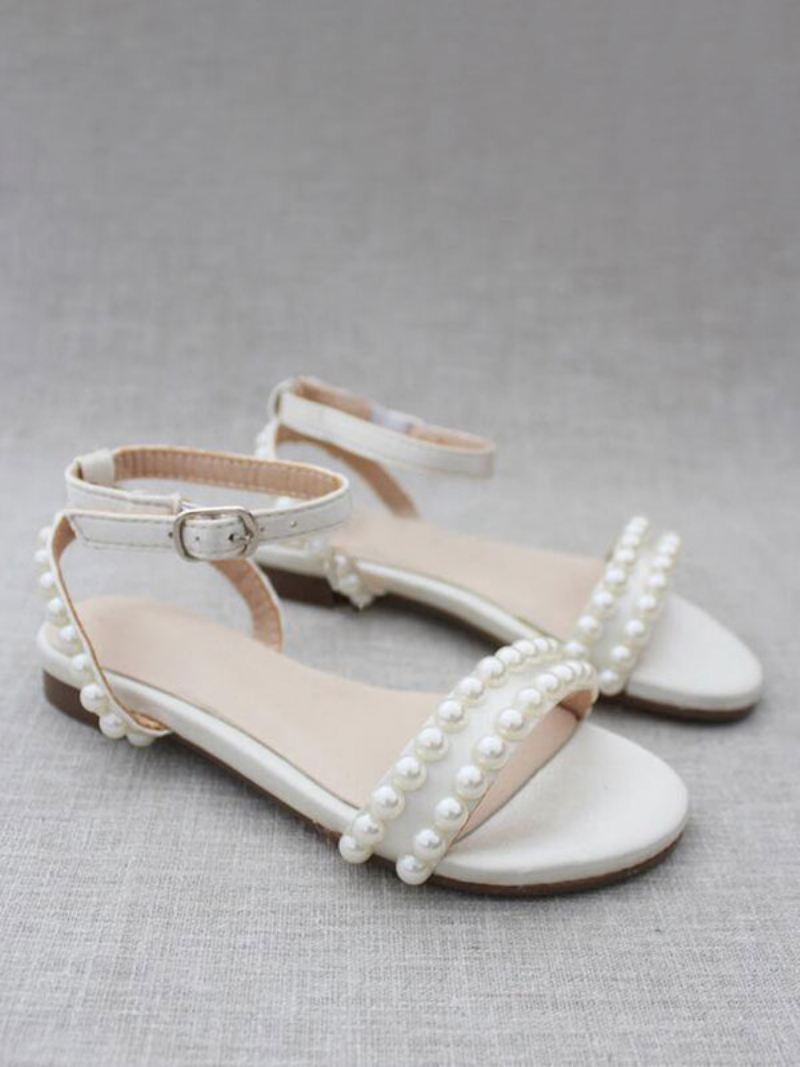 Platte Bruidsschoenen Dames Witte Trouwschoenen Met Open Teen Parels - Wit