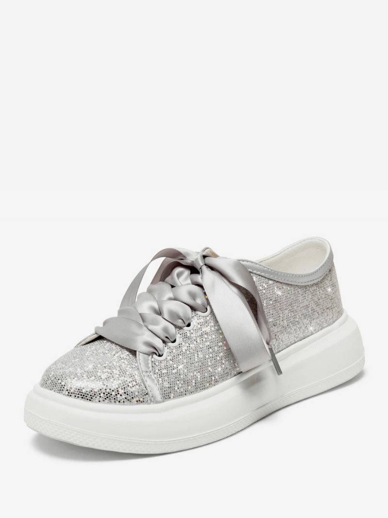 Platte Bruidsschoenen Met Glitter Ronde Neus Veters