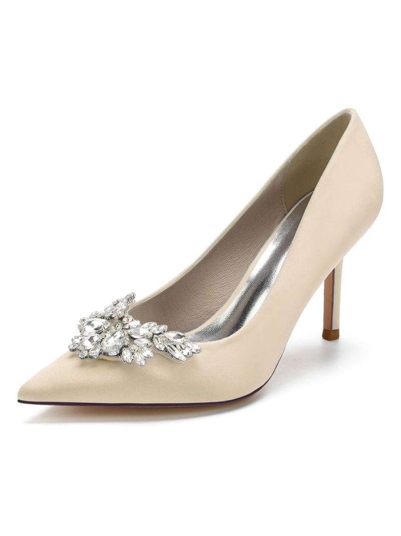 Satijnen Bruidspumps Met Strass Steentjes Stilettohak Dames - Champagne