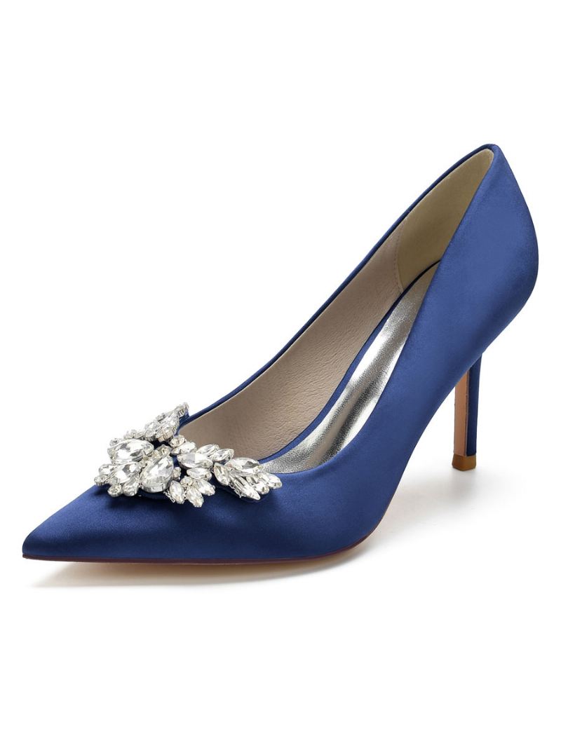 Satijnen Bruidspumps Met Strass Steentjes Stilettohak Dames - Diepblauw