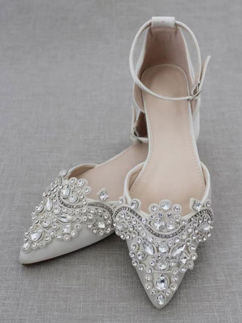 Satijnen Bruidsschoenen Dames Met Puntige Neus Strass-bruidsschoenen - Wit