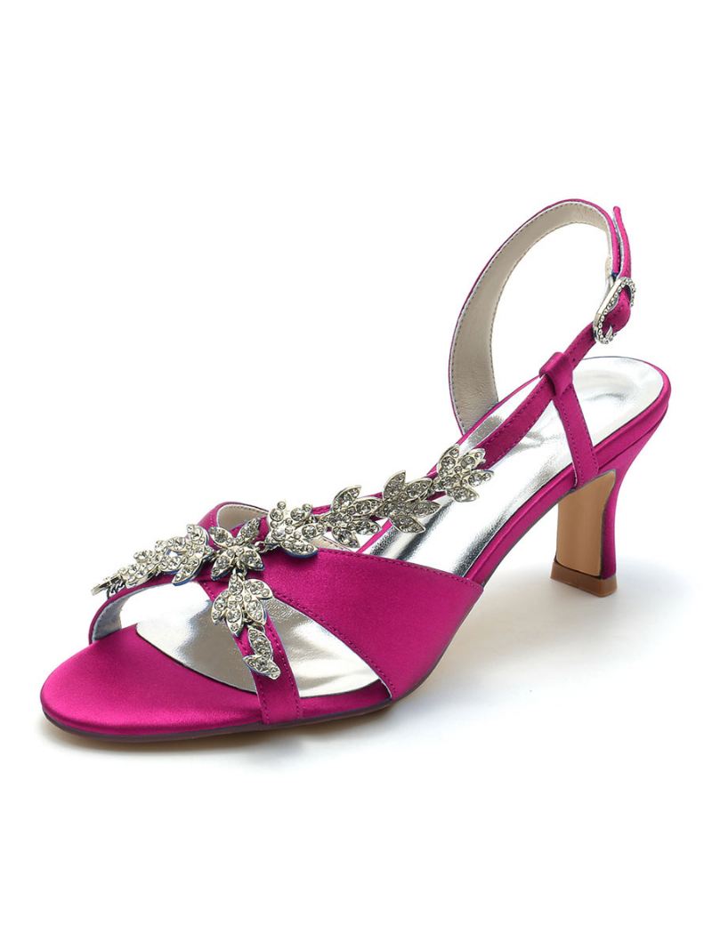 Satijnen Bruidsschoenen Dames Strass Trouwschoenen Met Open Teen Kittenhak - Rose