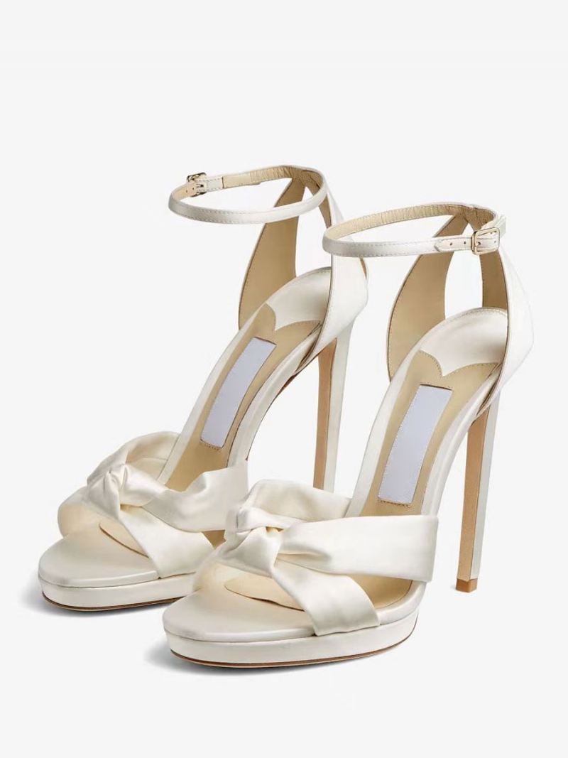 Satijnen Trouwschoenen Dames Witte Galaschoenen Open Teen Sandalen Met Enkelbandje Hoge Hak