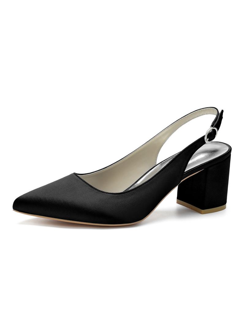 Slingback-pumps Met Blokhak Puntige Neus Dames - Zwart