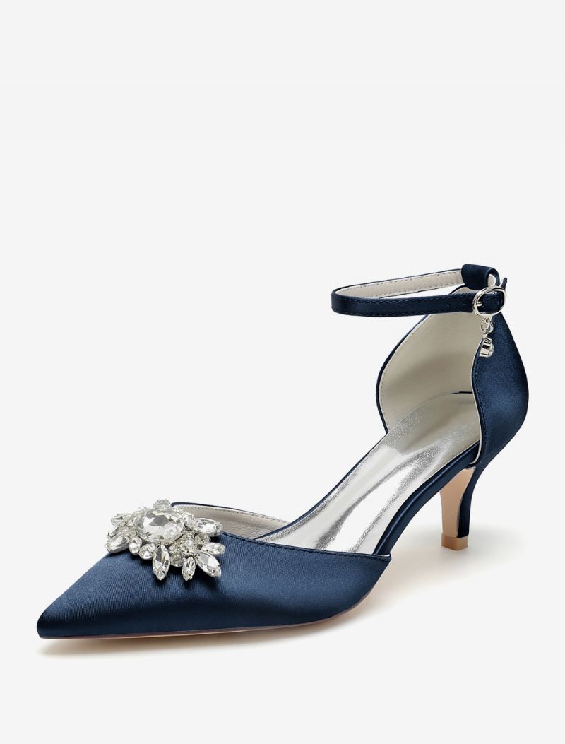 Trouwschoenen Dames Bruidspumps Satijn Puntige Neus Strass Steentjes - Diepblauw