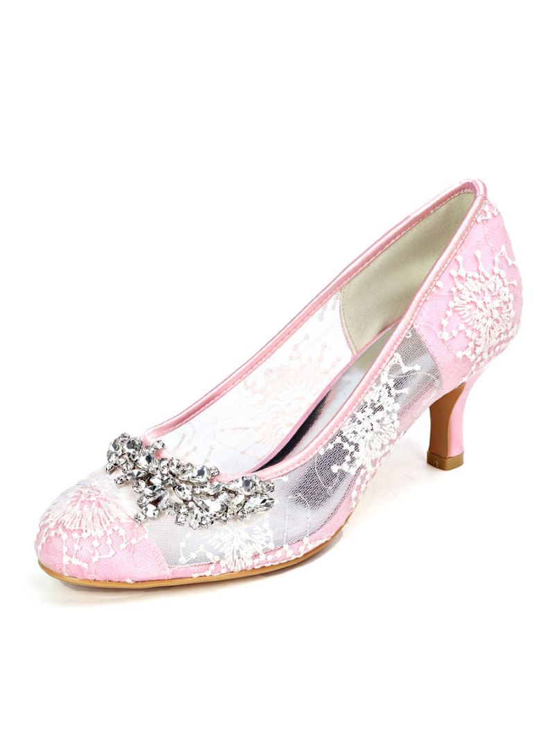 Trouwschoenen Dames Kant Ivoor Ronde Neus Strass Steentjes Bruidsschoenen Met Hak - Roze