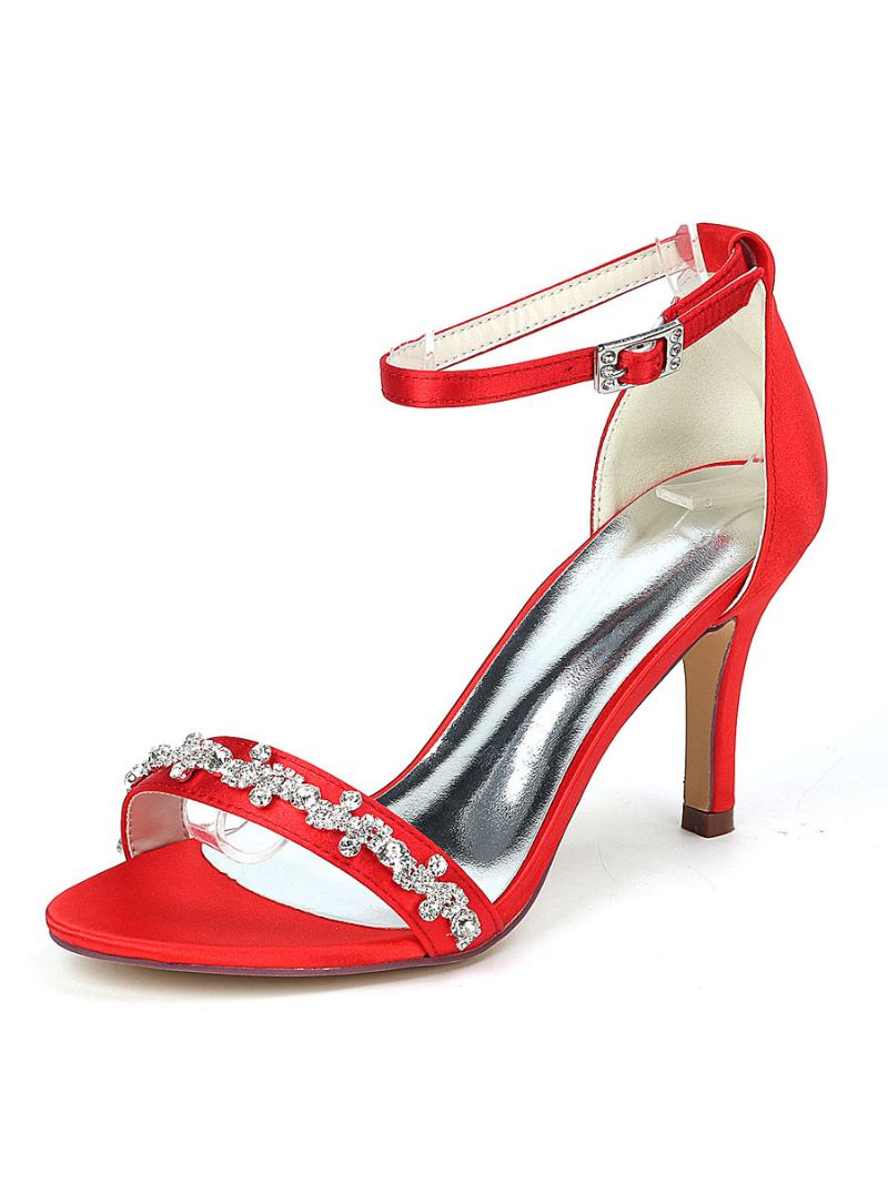 Trouwschoenen Dames Sandalen Met Strass Enkelbandje Naaldhak - Rood