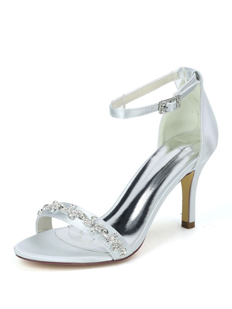 Trouwschoenen Dames Sandalen Met Strass Enkelbandje Naaldhak - Zilver