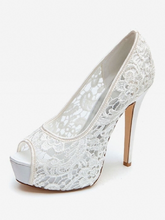 Trouwschoenen Dames Witte Kanten Peeptoe-bruidsschoenen Met Stilettohak Plateauzool