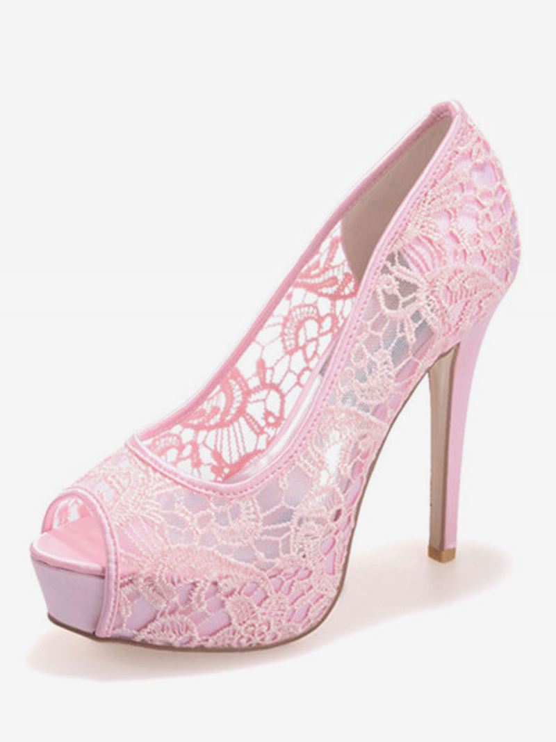 Trouwschoenen Dames Witte Kanten Peeptoe-bruidsschoenen Met Stilettohak Plateauzool - Roze