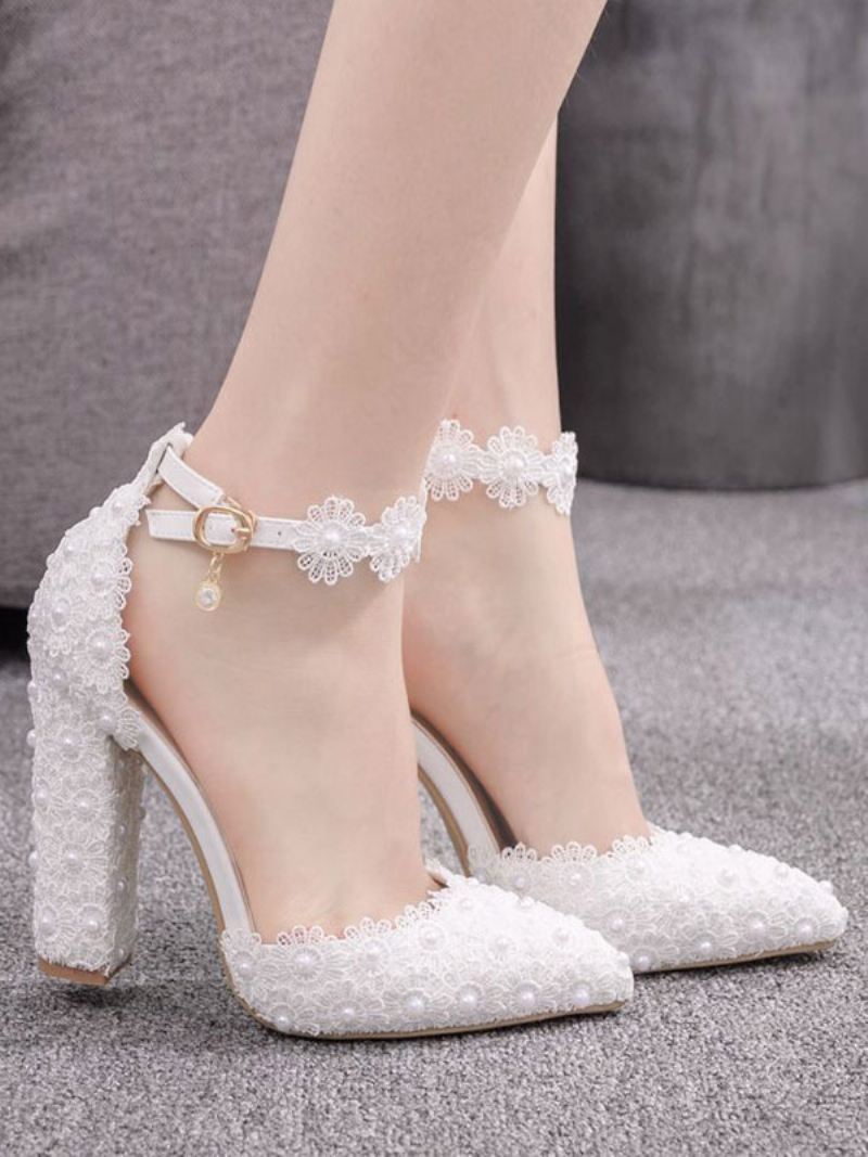 Witte Avondschoenen Dames Sandalen Met Hoge Hak Leren Feestschoenen Puntige Neus Bloemen - Wit