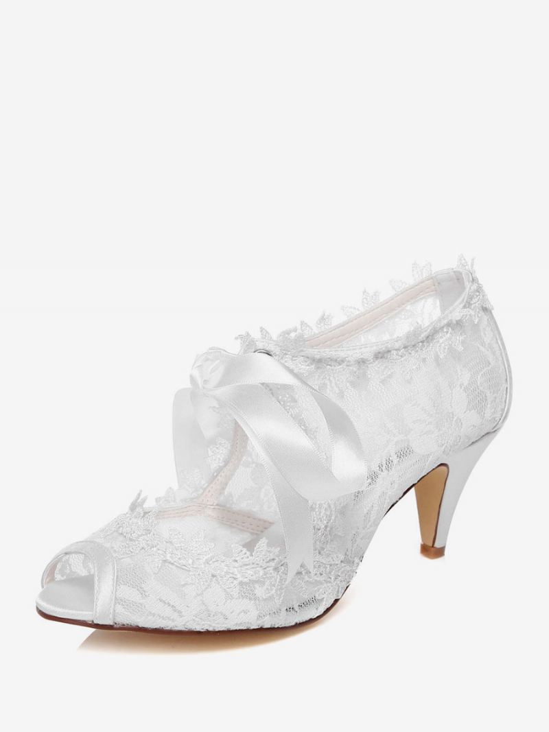 Witte Kanten Linten Peep Toe Bruidspompen Dames