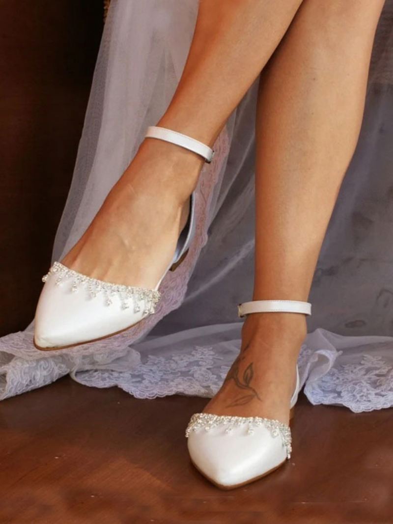 Witte Platte Bruidsschoenen Dames Puntige Neus Strass Trouwschoenen Met Enkelbandje - Wit