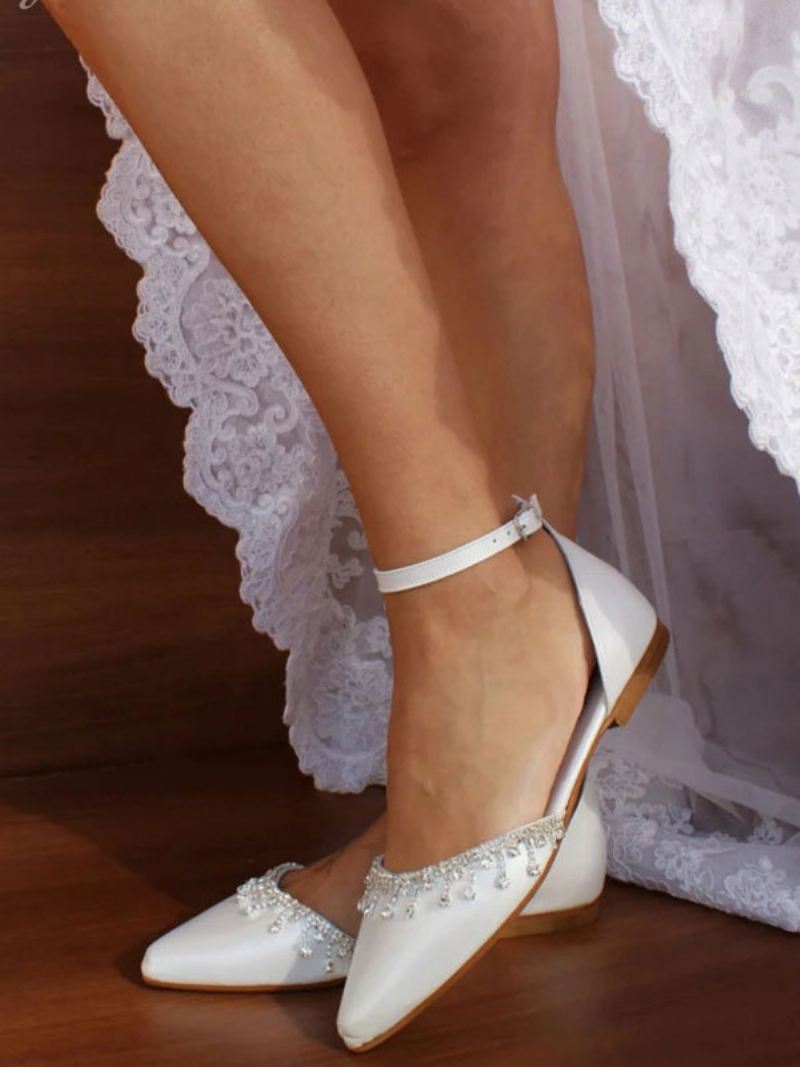 Witte Platte Bruidsschoenen Dames Puntige Neus Strass Trouwschoenen Met Enkelbandje - Wit