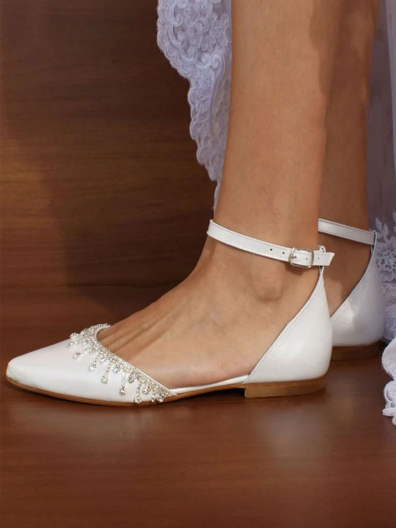 Witte Platte Bruidsschoenen Dames Puntige Neus Strass Trouwschoenen Met Enkelbandje - Wit