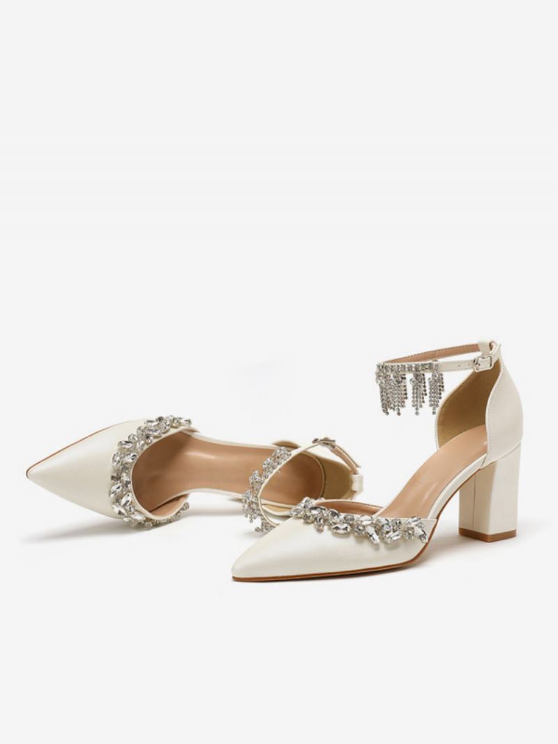 Witte Trouwschoenen Dames Strass Puntige Neus Bruidspompen Met Enkelbandje - Beige