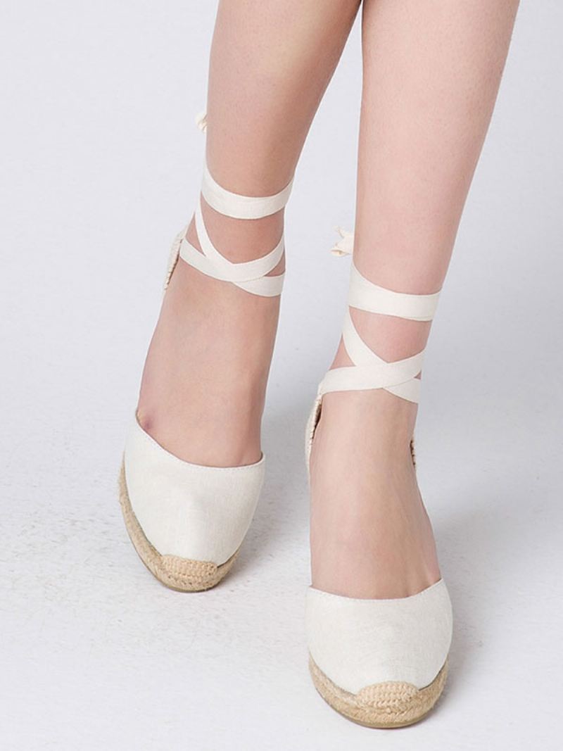 Witte Trouwschoenen Dames Suède Bruidsschoenen Met Spitse Neus Veters Sleehak - Beige