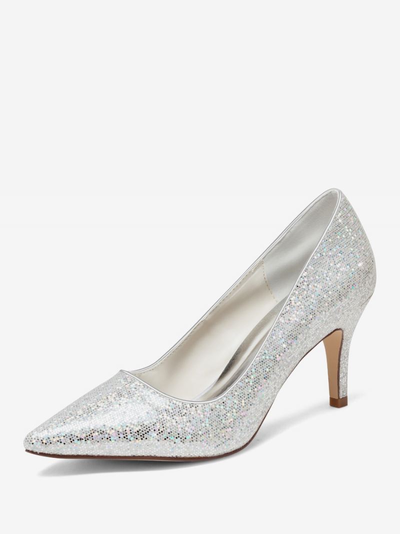 Zilveren Bruidsschoenen Dames Met Glitter Puntige Neus Bruidspumps Kittenhak