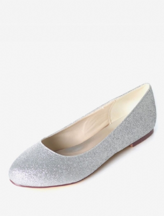 Zilveren Trouwschoenen Glitter Ronde Neus Slip Op Bruidsmeisje Schoenen Dames Ballet Flats