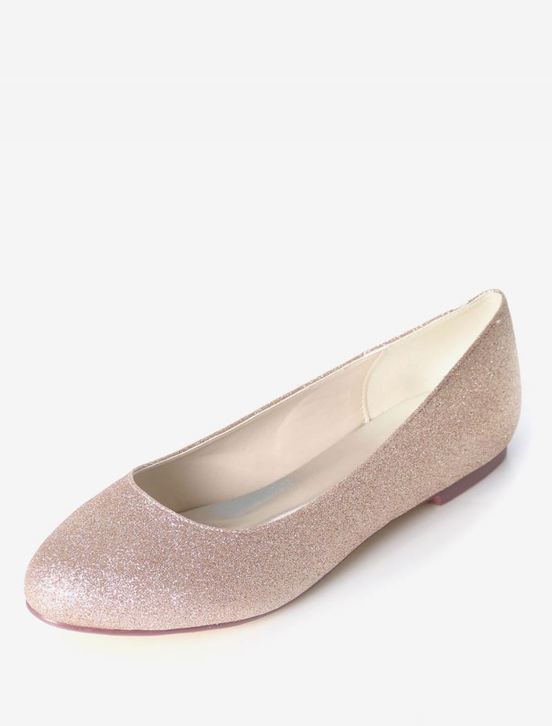 Zilveren Trouwschoenen Glitter Ronde Neus Slip Op Bruidsmeisje Schoenen Dames Ballet Flats - Champagne