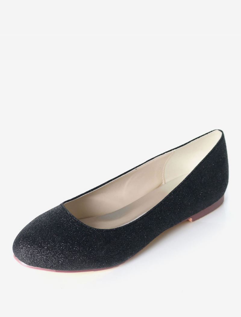 Zilveren Trouwschoenen Glitter Ronde Neus Slip Op Bruidsmeisje Schoenen Dames Ballet Flats - Zwart