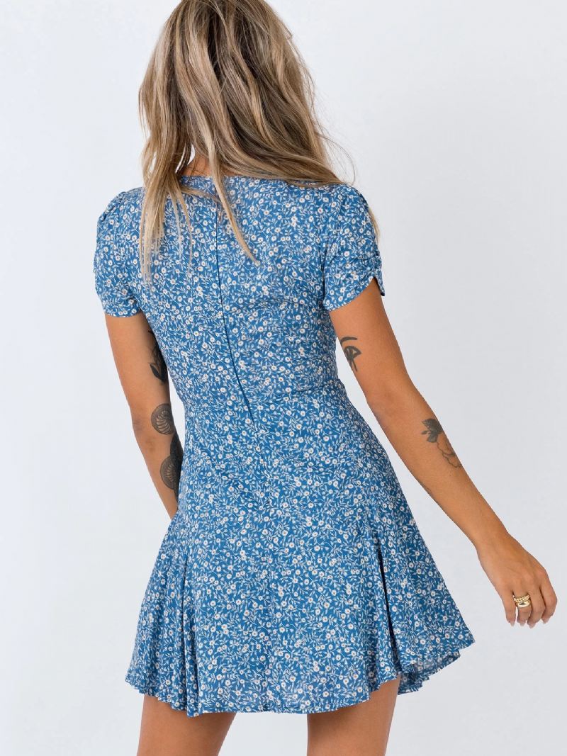 Boho-jurk Dames V-hals Korte Mouwen Bloemenprint Zomermidi-jurk - Blauw