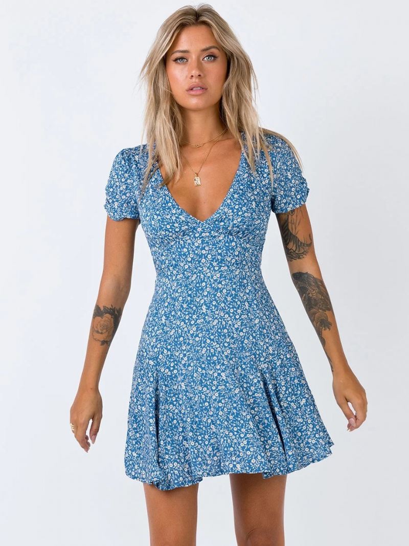 Boho-jurk Dames V-hals Korte Mouwen Bloemenprint Zomermidi-jurk - Blauw