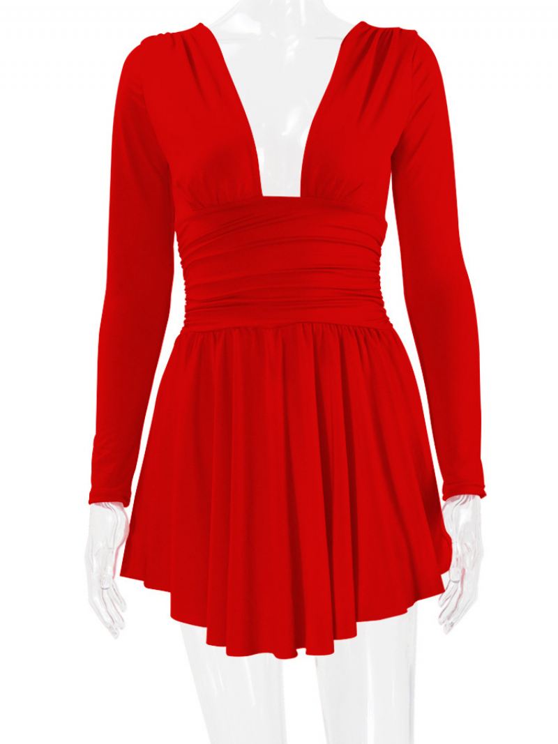 Fit & Flare-jurk Dames Duik Lange Mouwen Korte Swingjurken Effen Kleur - Rood