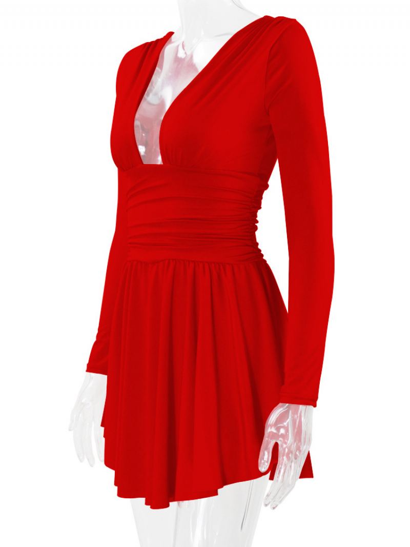 Fit & Flare-jurk Dames Duik Lange Mouwen Korte Swingjurken Effen Kleur - Rood