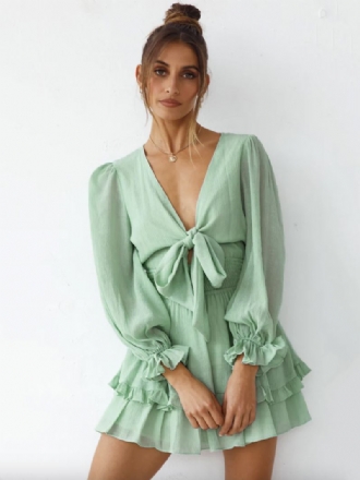 Mini-jurken Dames Groen V-hals Veters Lange Mouwen Strikken Korte Zomerjurk Chiffon