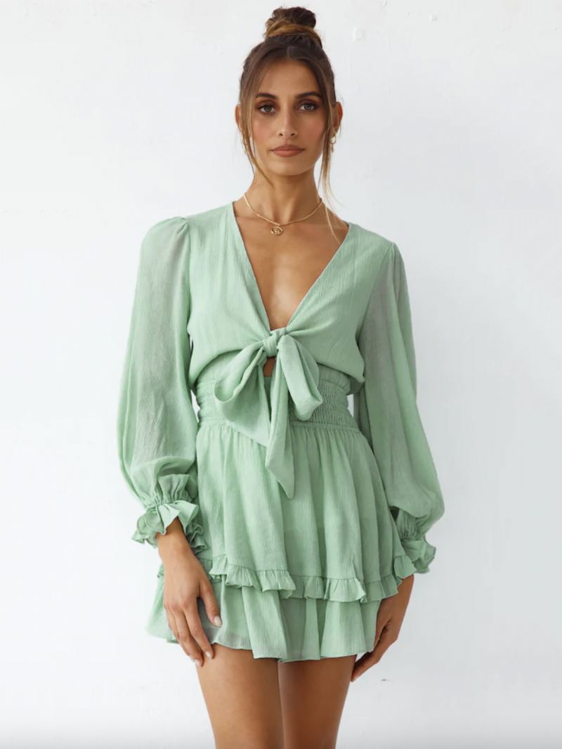 Mini-jurken Dames Groen V-hals Veters Lange Mouwen Strikken Korte Zomerjurk Chiffon - Groente