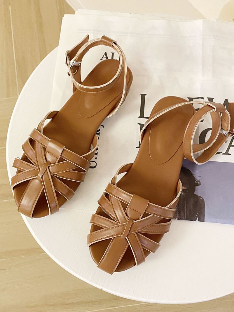 Bruine Platte Sandalen Dames Ronde Neus Uitgesneden Enkelbandje Boho