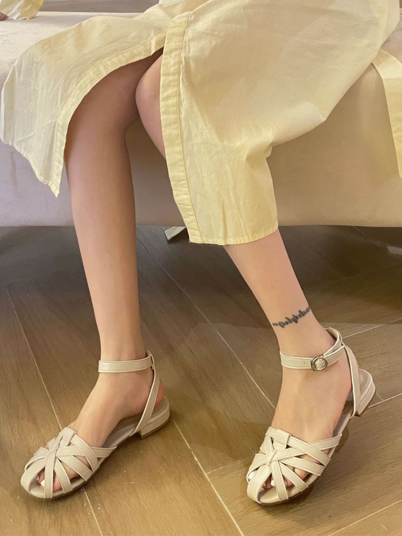 Bruine Platte Sandalen Dames Ronde Neus Uitgesneden Enkelbandje Boho - Beige