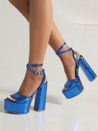 Dames Galasandalen Blauwe Open Teen Sandalen Met Blokhak Enkelbandje