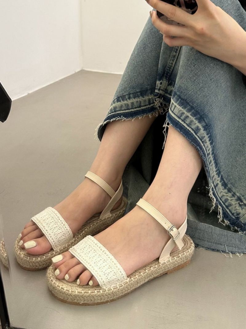 Dames Gehaakte Platte Sandalen Breiwol Met Open Teen - Beige