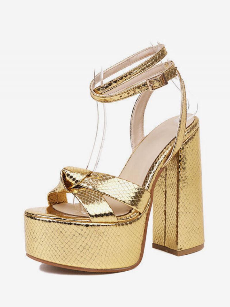 Dames Gouden Hoge Hak Sandalen Platform Open Teen Geknoopte Dikke Enkelband Sandaal Schoenen - Goud