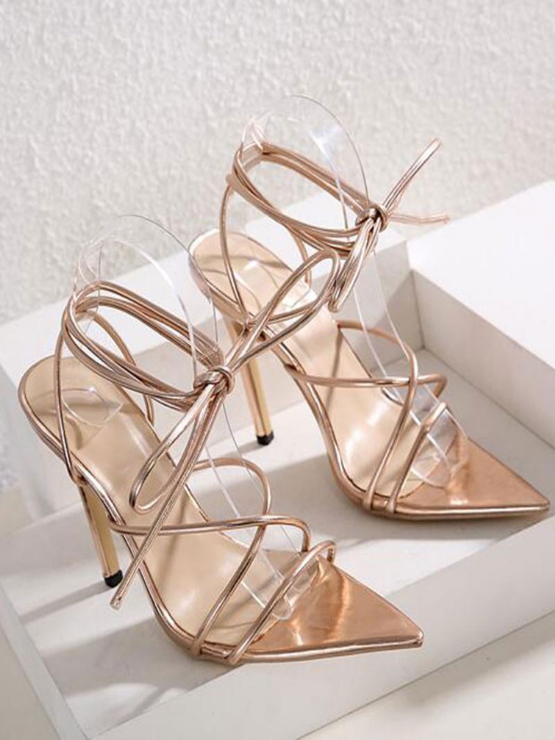 Dames Gouden Strappy Hakken Met Veters Naaldhak Sandalen Prom Schoenen - Goud