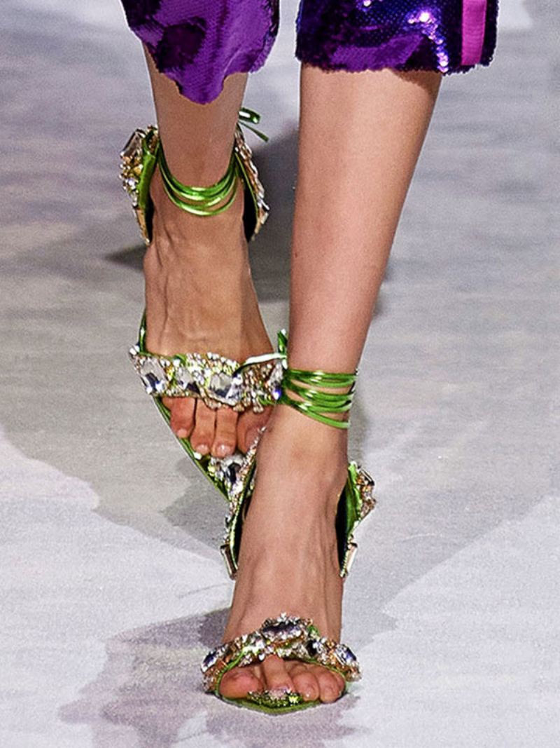 Dames Hoge Hak Sandalen Goud Open Teen Strass Galaschoenen - Groen