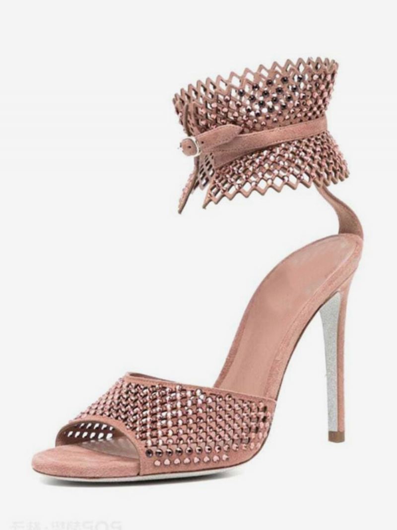 Dames Hoge Hak Sandalen Roze Peep Toe Strass Uitgesneden Galaschoenen Enkelband Feestschoenen - Roze