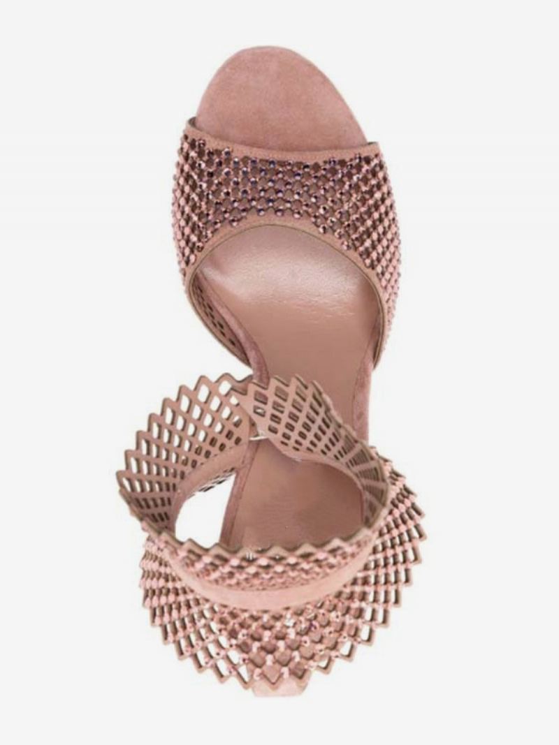 Dames Hoge Hak Sandalen Roze Peep Toe Strass Uitgesneden Galaschoenen Enkelband Feestschoenen - Roze