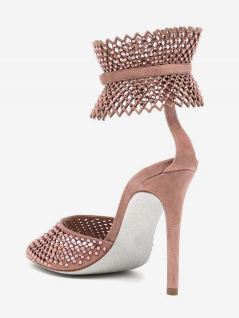 Dames Hoge Hak Sandalen Roze Peep Toe Strass Uitgesneden Galaschoenen Enkelband Feestschoenen - Roze