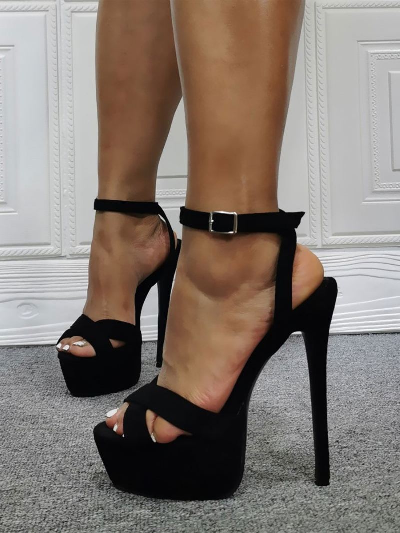 Dames Hoge Hak Sexy Sandalen Zwart Suède Enkelbandje Plus Maat Naaldhak - Zwart