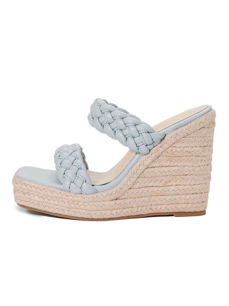 Dames Muilezels Met Sleehak Slip Op Pu-leer Vierkante Neus Lichtblond Boho-bruiloftsandalen - Babyblauw