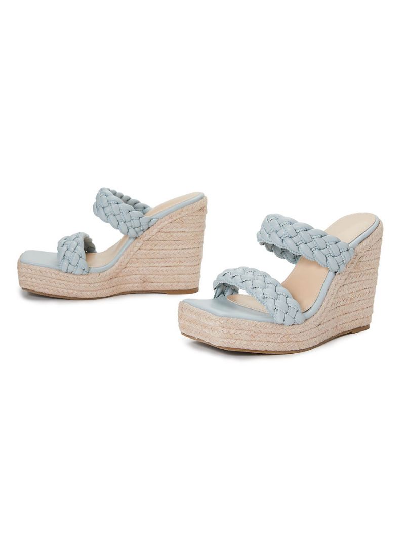 Dames Muilezels Met Sleehak Slip Op Pu-leer Vierkante Neus Lichtblond Boho-bruiloftsandalen - Babyblauw