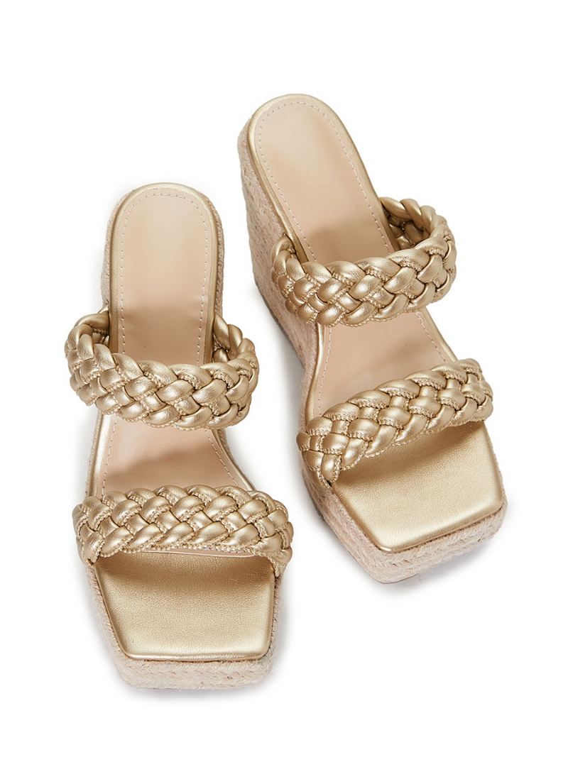 Dames Muilezels Met Sleehak Slip Op Pu-leer Vierkante Neus Lichtblond Boho-bruiloftsandalen - Licht Goud