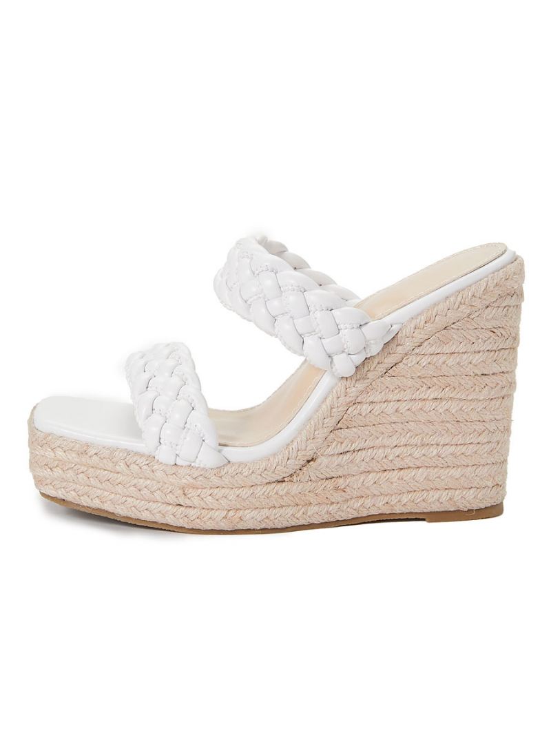 Dames Muilezels Met Sleehak Slip Op Pu-leer Vierkante Neus Lichtblond Boho-bruiloftsandalen - Wit