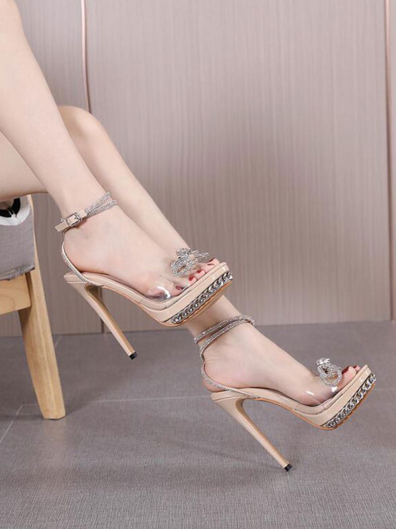 Dames Sexy Hoge Hak Sandalen Abrikoos Pu-leer Open Teen Vetersluiting Met Strass Hakken - Lichtgeel