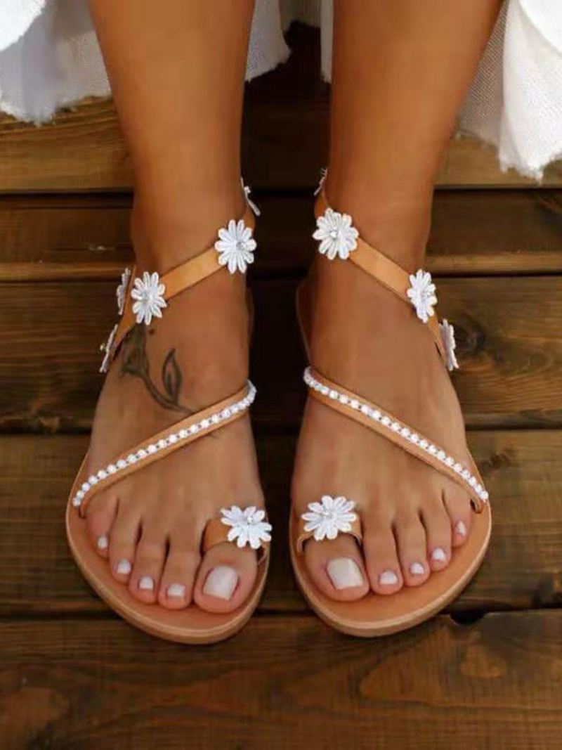 Damesbloem Platte Strandbruiloft Boho Bruiloft Sandalen - Koffie Bruin